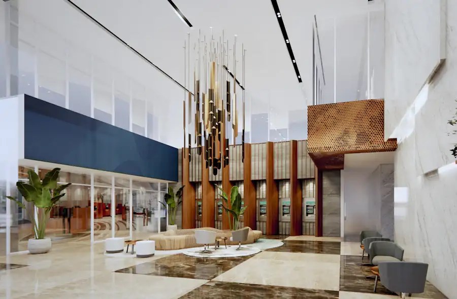 Finished hotel lobby interior