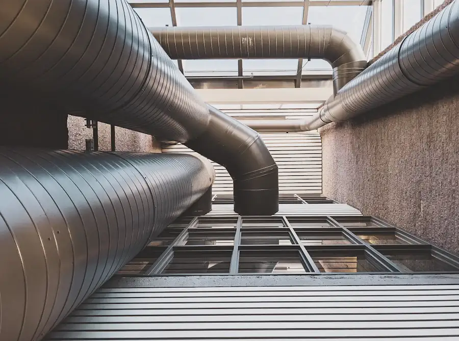 Large-diameter HVAC ductwork in a plant room